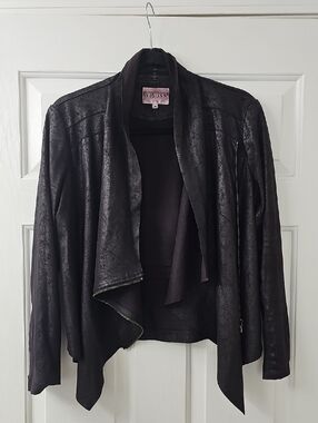 Vigoss Black Draped Faux-Leather Open Front Jacket